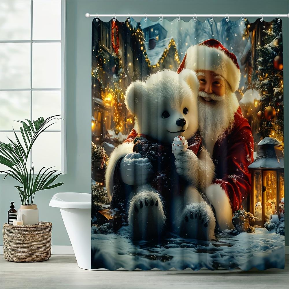 

Santa And Teddy Bear Shower Curtain - Cozy Christmas Scene With Snow, Lights & Tree For Festive Bathroom Decor W60H190(CM)-1 Pcs