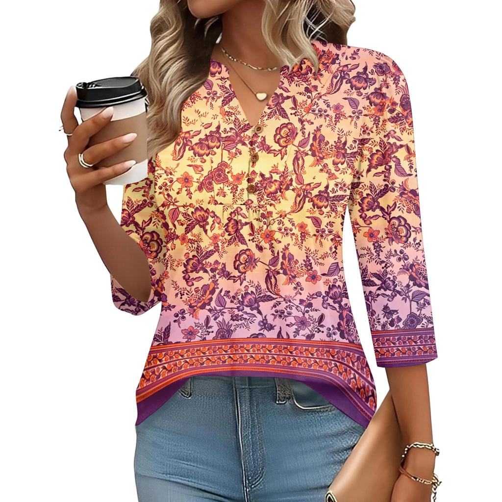 Women’s Relaxed Fit Three Quarter Sleeve Top with Vintage Inspired Pattern Comfortable Lightweight Fabric Stylish Design