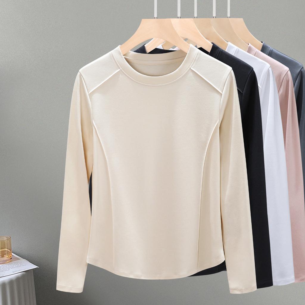 Rundhals mercerisierte Baumwolle langärmlig Damen Herbst neu Bogen Saum mit unterer Taille Slim Top