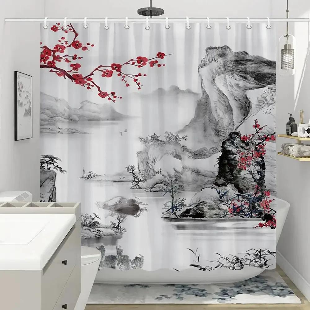 Shower Curtain Red Plum Blossom Branch Japanese Chinese Oriental Sun Misty Mountains Ink Nature Landscape Bathroom Curtains