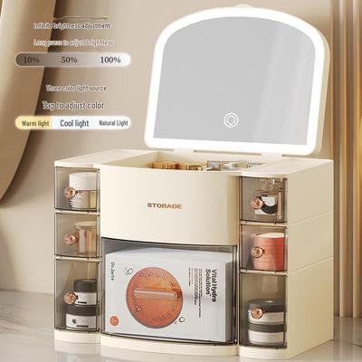 Cosmetic Storage Box with Mirror and Light: Three-Color, Dustproof, Desktop Drawer for Skincare Products.