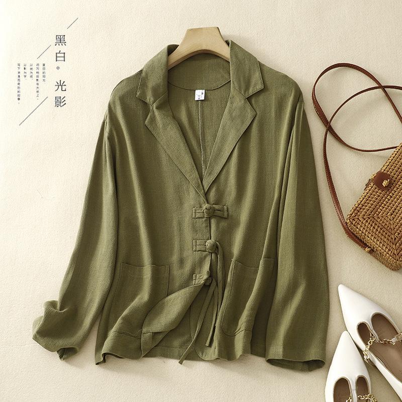 Women S Chinese Style Knot Button Long Sleeve Blazer Solid Color Loose Fit M зелёный