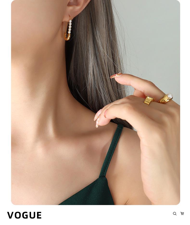 European & American Retro Style Paperclip Faux Pearl Titanium Steel 18K Gold-Plated Earrings