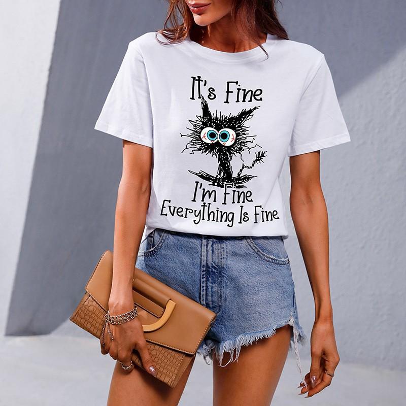 Women's top cat D print short-sleeved shirt apricot comfortable and casual