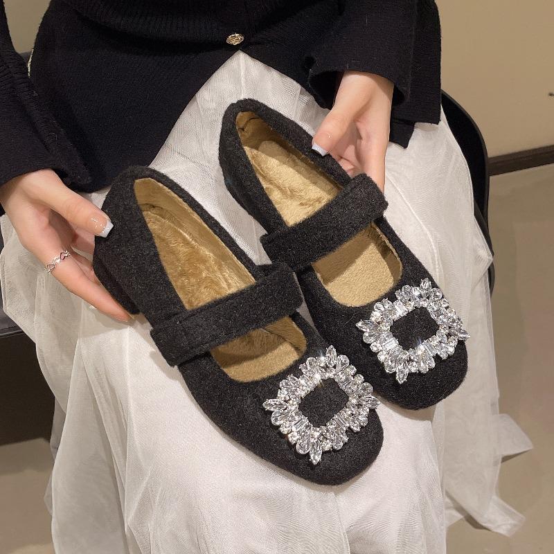 

Женские элегантные туфли-лодочки с квадратным носком и неглубоким вырезом, с мехом, осенние, теплые, удобные, универсальные, плюшевые туфли Мэри Джейн из хлопка 35 чёрный