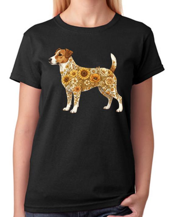 Floral Jack Russell Terrier Artwork Ladies T-Shirt Cute Dog Art Tee S