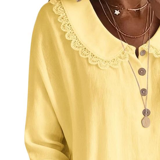 Women Shirt Loose Fit Three-Quarter Sleeve Blouse with Lace Neckline Cuffs Button Placket Summer Spring Casual