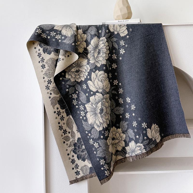 Retro Printing Flower Temperament Simple And Versatile National Style Scarf Shawl Cape Warm Jacquard Women'S High-End Trend