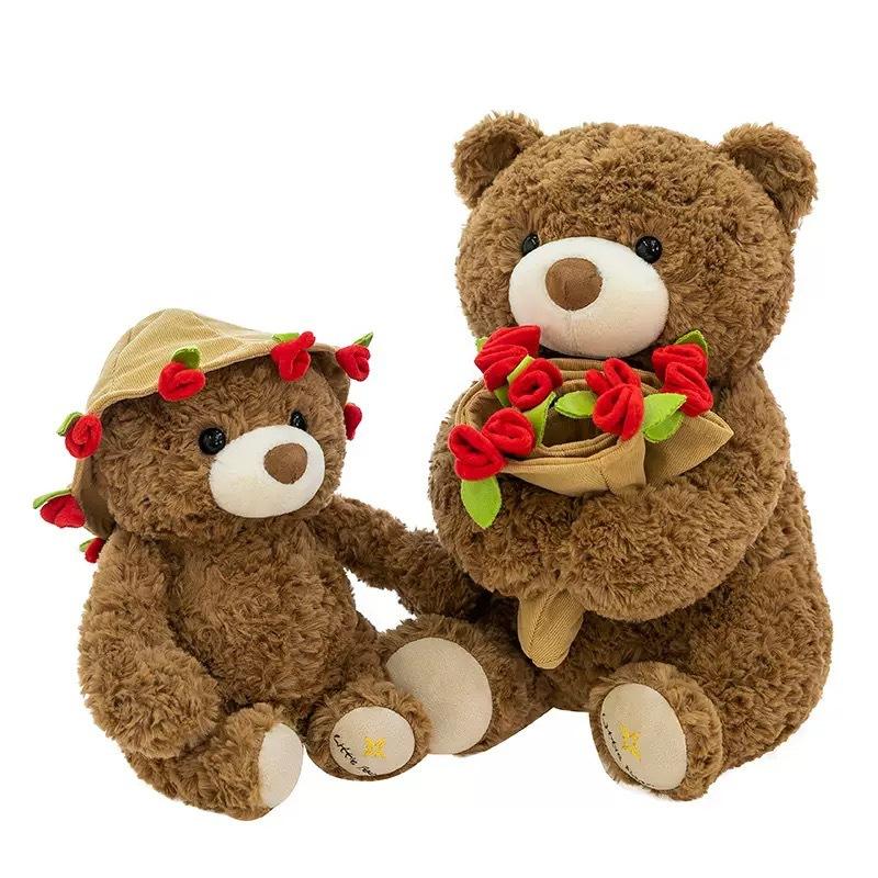 Rosenbär Teddybär mit Hut, Plüschtier mit Blume, Valentinstags Geburtstagsgeschenk für Freundin Frauen