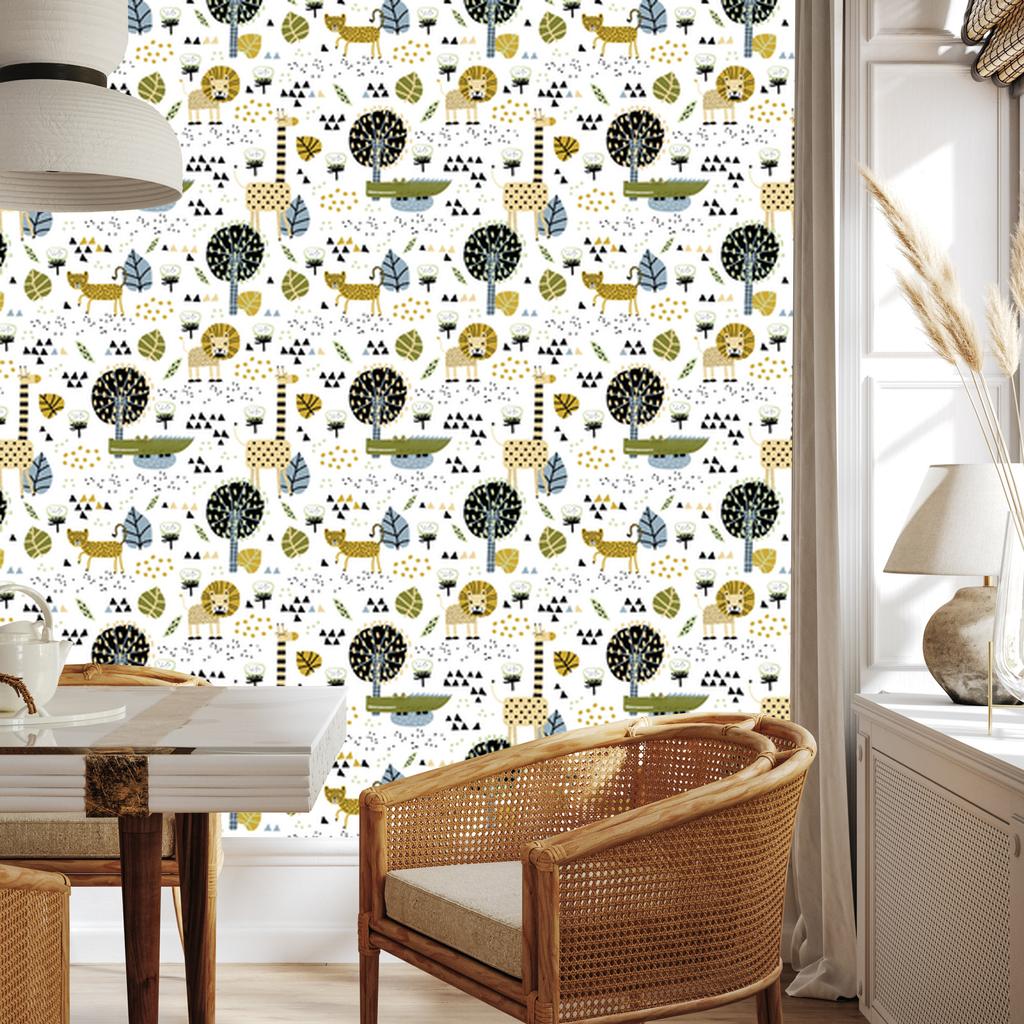 Lions Trees Leaves and Dots Wallpaper for Living Room and Bedroom 50x1000