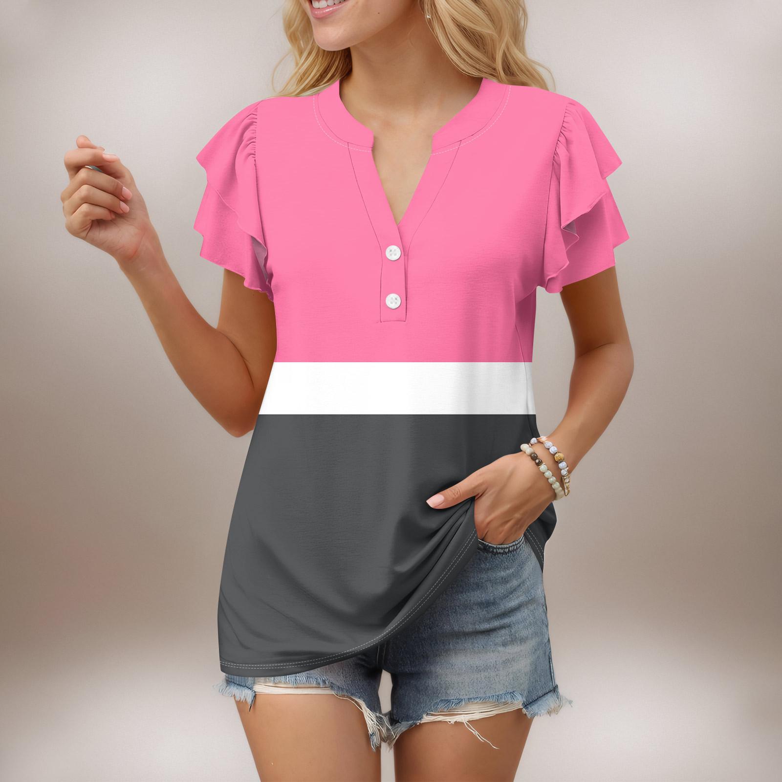 

Женский повседневный топ с короткими рукавами, застегивающийся на пуговицы и V-образным вырезом, с градиентными оборками и принтами XL