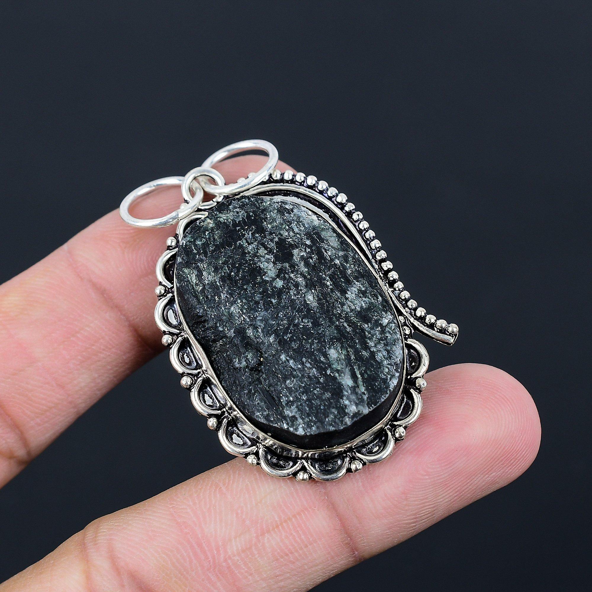 925 Sterling Silver Natural Black Tourmaline Rough Bezel Trendy Pendant Jewelry