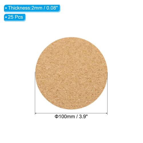 PATIKIL 100x2mm Self-Adhesive Cork Coasters, 25-Piece Set, Round Cork Cushions, Cork Backing Sheets, Reusable Cork Tiles, Cork Boards for Drinks, DIY
