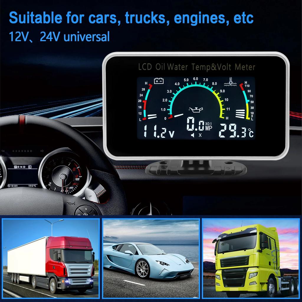 3 in 1 Car LCD Meter Digital Oil Pressure Voltage Gauge Water Temperature Gauge With temp press sensor for Car Truck SUV 12V/24V