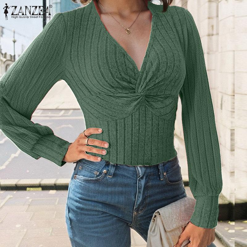 

ZANZEA Women Autumn V-Neck Lantern Long Sleeve Striped Warm T-Shirts S