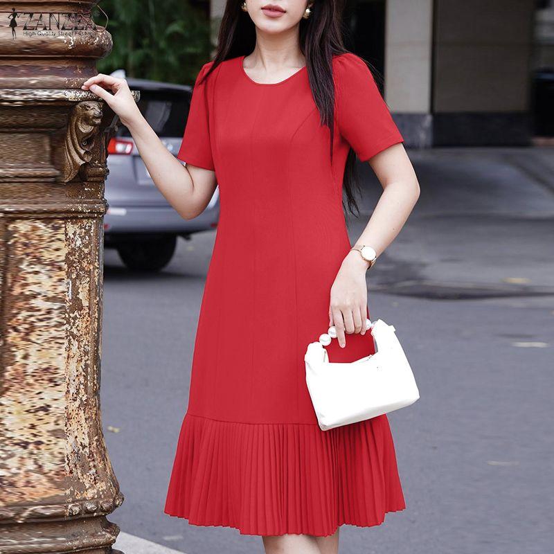 ZANZEA Women Casual Round Neck Solid Color Loose Short Sleeve Dress