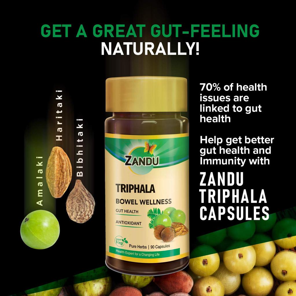 Zandu Triphala Capsules, Supports Bowel Wellness & Healthy Gut, Helps To Boost Immunity & Useful for Digestion, Antioxidant Properties - 90 Veg Cap