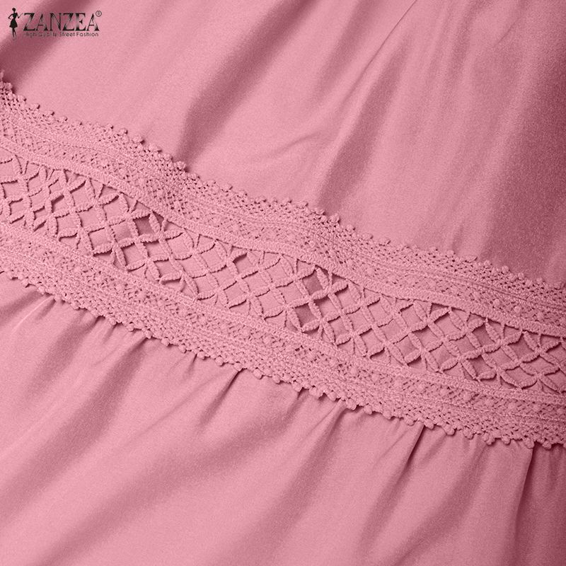 ZANZEA Women Casual V-Neck 3/4 Sleeve Loose Patchwork Embroidery Long Dress