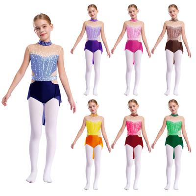 Girls Performance Leotard Mock Neck Sleeveless Style Shiny Rhinestones Color Block Mesh Skirted Bodysuit
