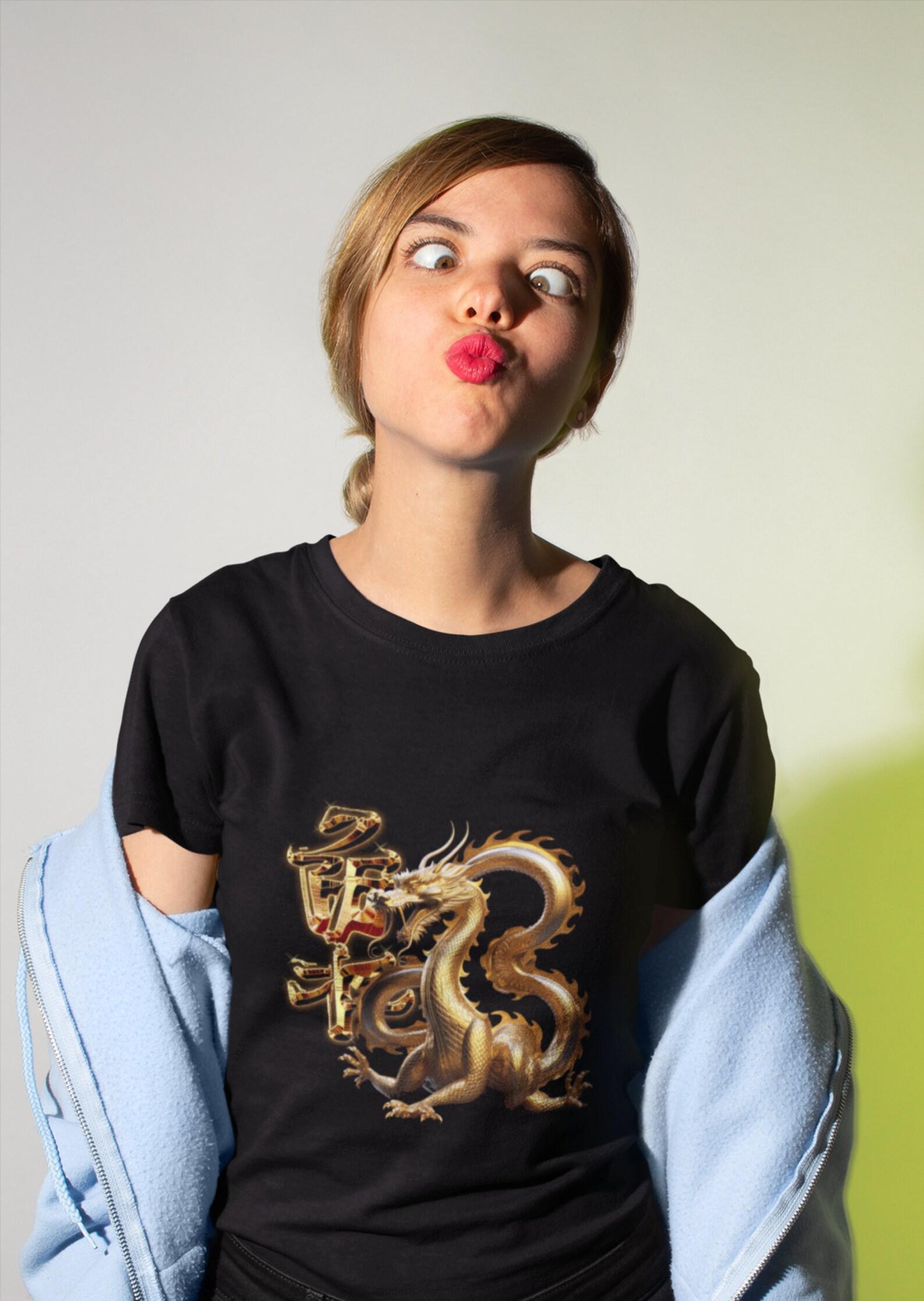 Japanese Golden Dragon T-Shirt: Calligraphy Graphic Tee XL