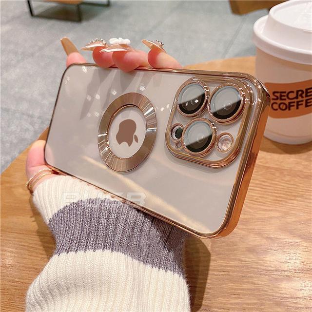 Luxury Logo Hole Soft Silicone Transparent Case For Iphone 14 13 12 11 Pro Max Xr Xs X 7 8 Plus Lens Protection Plating Cover