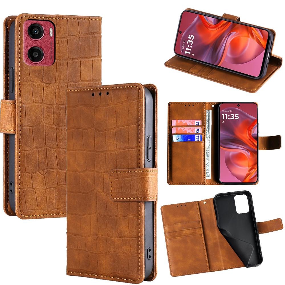 

For Motorola Moto G05 4G Leather Case Wallet Stand Crocodile Texture Mobile Phone Cover Brown