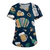 Women's Oktoberfest Print V-Neck Short Sleeve Scrub Top with Pockets, Loose Fit