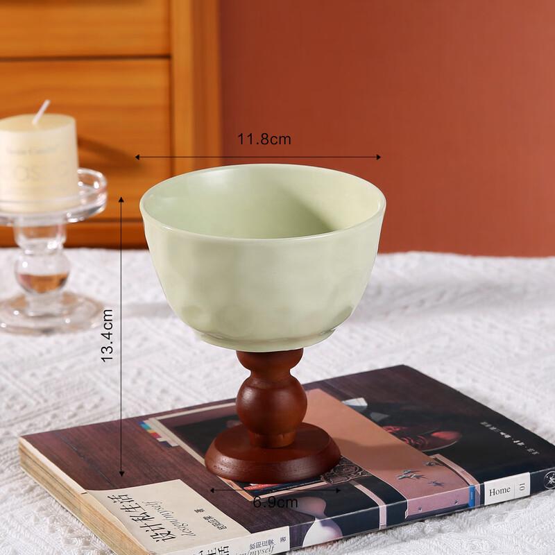 

Vintage Cream Green Glass Bowls with Wooden Base