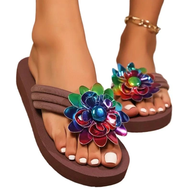 Fashion Summer New 2025 Pinch Toe Women's Slippers Fashion Outdoor Beach Plus Size Sequins Floral Light Best Seller Flat Slipperszapatos