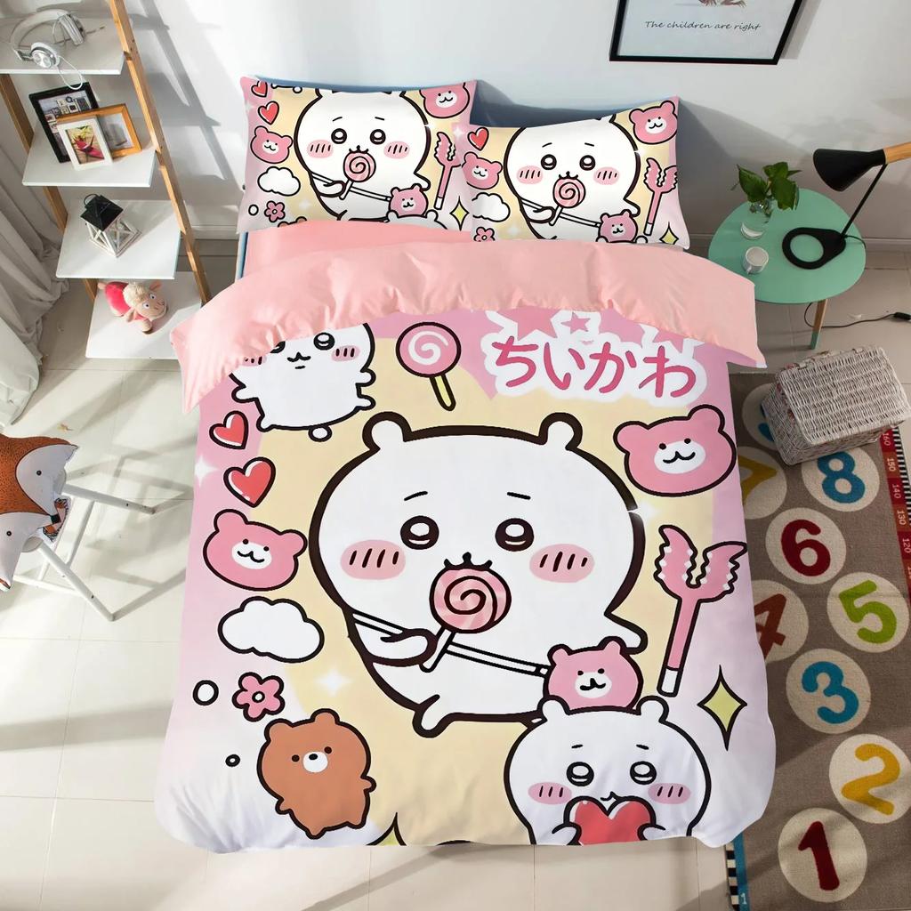 Cartoon Chiikawas Cute Themed Bedding Set Colorful Print Polyester Student Dormitory Bed Sheet Quilt Cover Kid Gift Home Textile