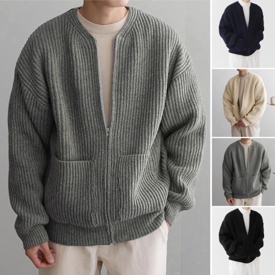 Men Autumn Winter Solid Color Cardigan Coat Collarless Long Sleeve Zipper Placket