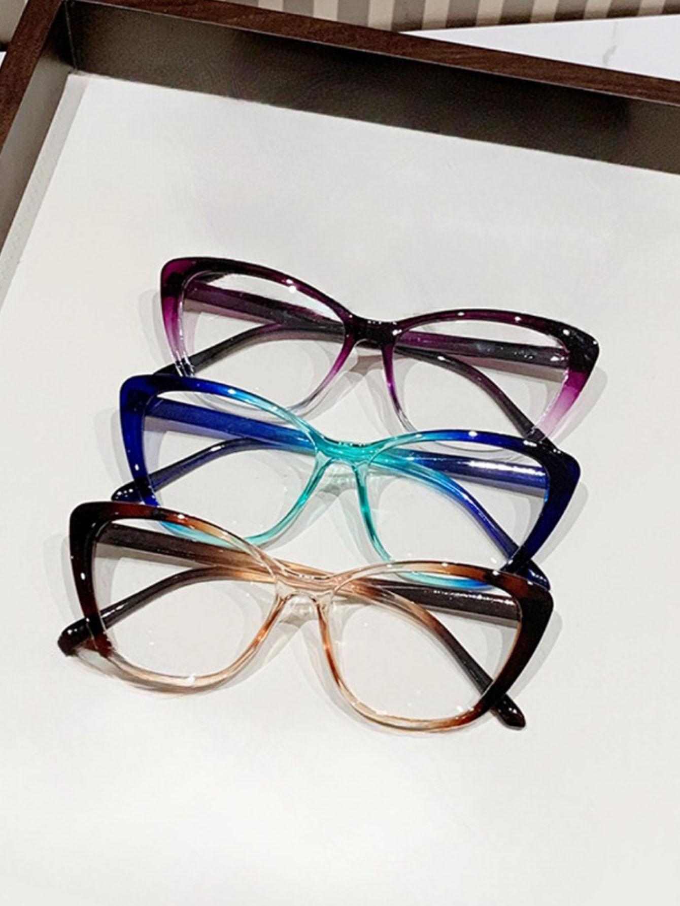 

3Pc Women S Cat Eye Gradient Color Frame Personalized Trendy Flat Mirror