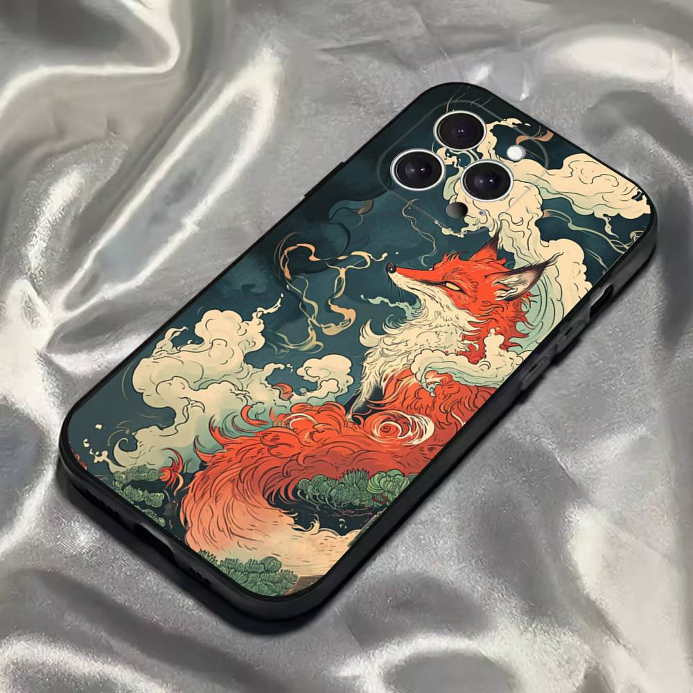 Füchse TIERE Handyhülle Für iPhone 16,15,14,13,12,11,Pro,Max,Plus,X,XS,SE4,E,Mini,Weiche Schwarze Hülle