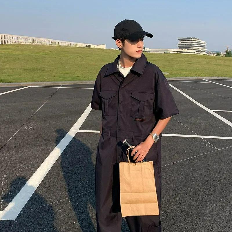 Street Overalls One-piece Men's Trendy Brand Hip-hop Short-sleeved Jumpsuit Suit Wide-leg Pants Straight-leg All-in-one Pants