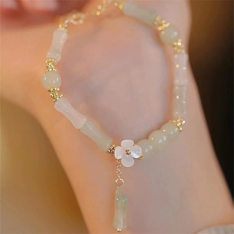 Elegant Green Bamboo Joint Beaded Bracelet for Women Chinese Style Charm Flower Pendant Bracelet Student Zircon Accessories