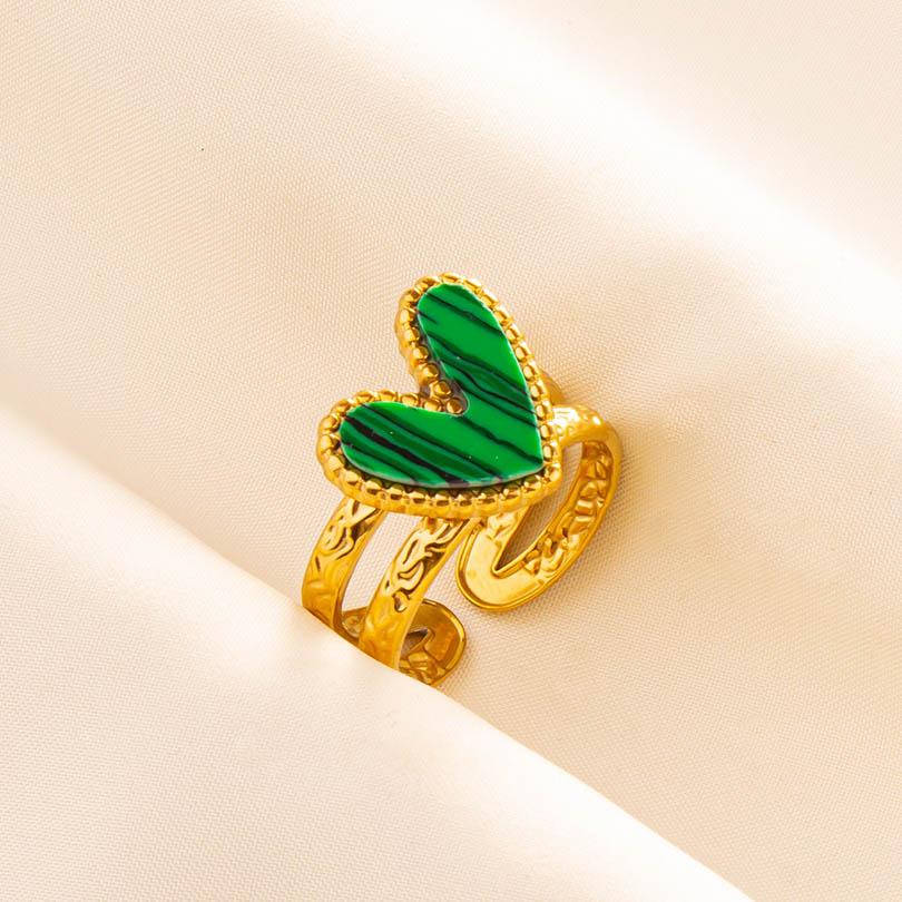 Green Striped Stone Vintage Gold Color Stainless Steel Open Adjustable Rings For Women Men Accessories Finger Jewelry Sun Flower
