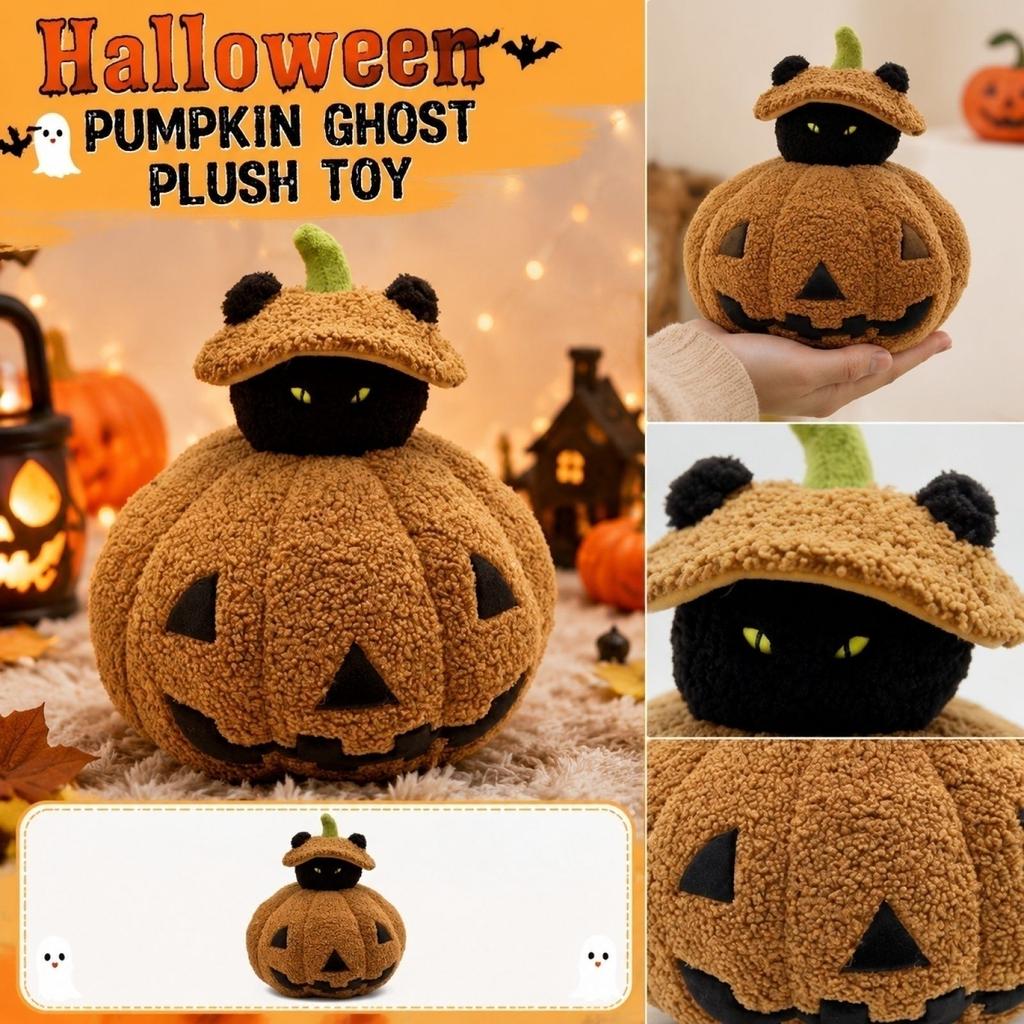 Plush Halloween Pumpkin Toy with Removable Top and Hidden Black Cat Inside Soft Stuffed Animal Halloween Decoration Gift for Kids and Adults