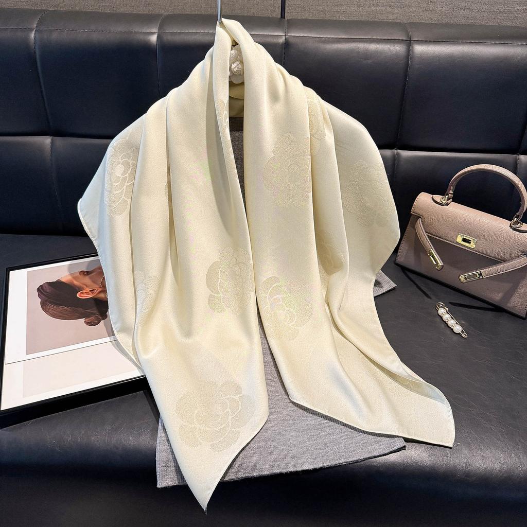 Fashion White-Collar Spring And Autumn Thin Imitation Silk Camellia High-End Silk Scarf Scarf Female Gift Retro Tencel Cotton Headscarf