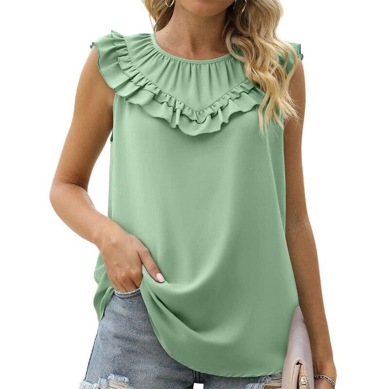 Summer Ruffles Loose Sleeveless White Shirts Women Elegant Casual Chiffon Blouse Women Solid O Neck Tops Shirt Blusas  25556