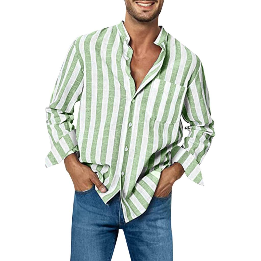 Men's Fashion Casual Pocket Striped Button Long Sleeve Top T Shirt Shirt
