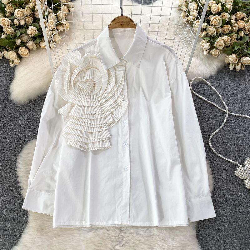 

Long Sleeves Ruched Wooden Ear Loose Casual Large Flower White All yards