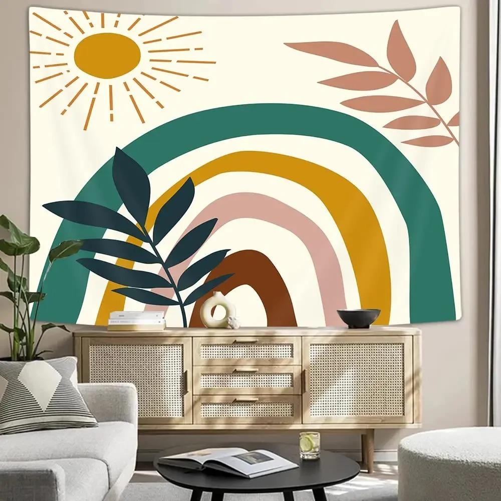 Abstract Sun Leaves Brown Geometric Wall Hanging Tapestry Vintage Simple Boho Palm Bedroom Dorm Living Room Wall Art Home Decor