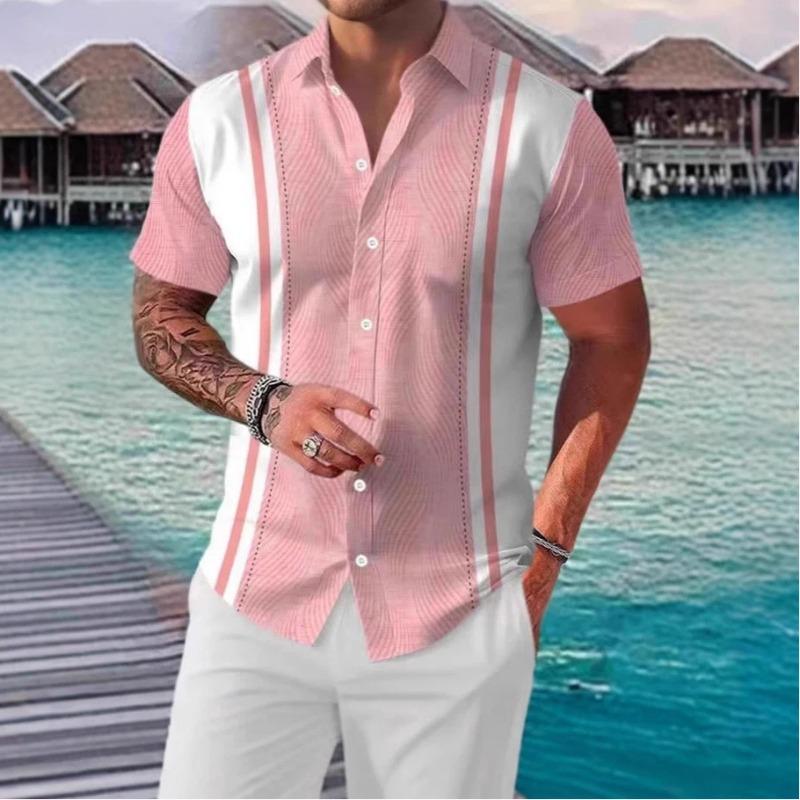 Men Striped Short Sleeve Shirt With Contrast Panels And Turn-down Collar