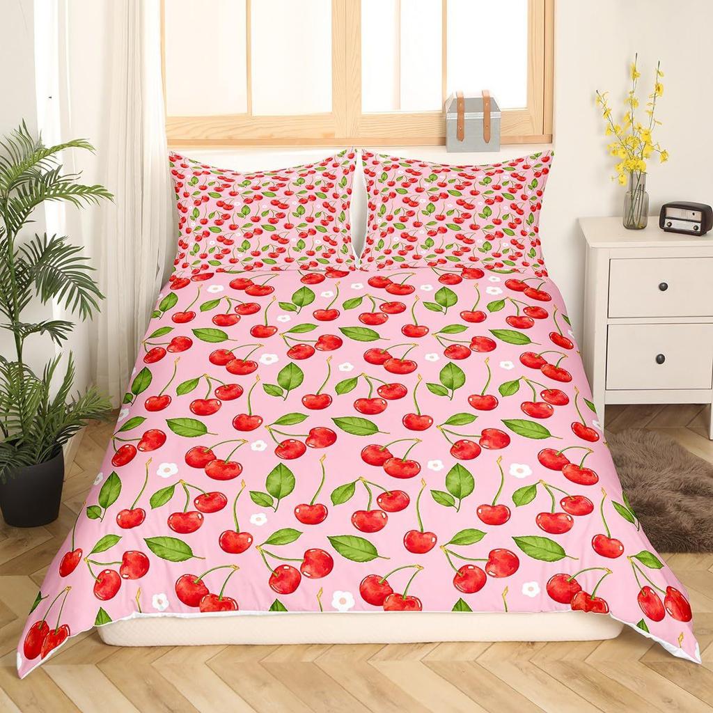 Red Cherry Printed Bedding Set Cartoon Tropical Fruit Duvet Set Three-Piece Set