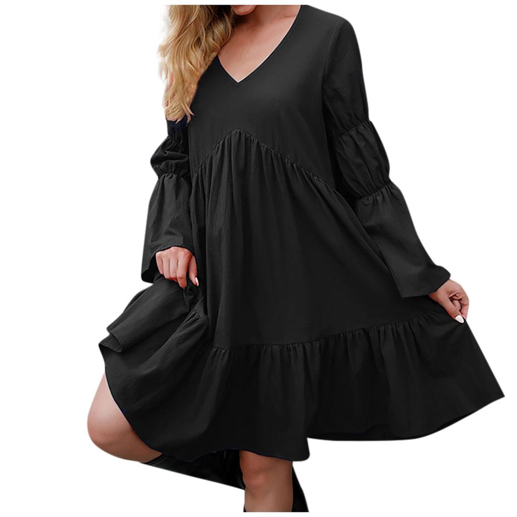 Women's Fashion Casual Color Boho Loose Dress Ruffled Long Sleeve Mid Skirt