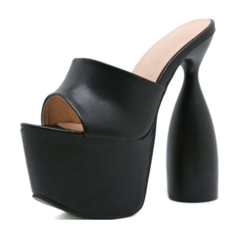 Pantoufles Noires Vernies Mode Été Nouveau Style Concis Chic Sandales à Talon Rond Blanc Talon Haut 17,5 CM Plateforme Fête Chaussures Femme