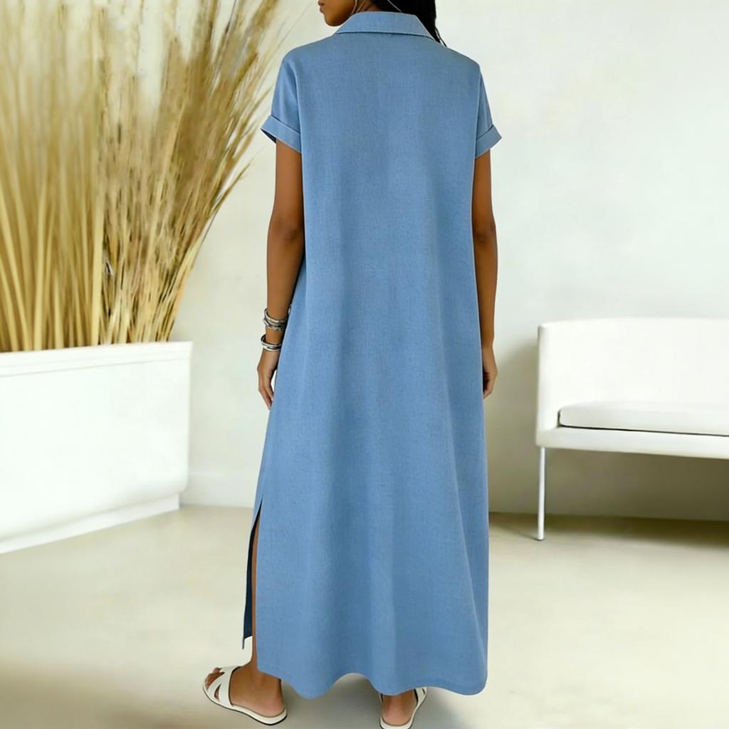 Women's Round-neck Short-sleeved -color Mid-length Loose-fitting Dress With Large Pockets And Casual
