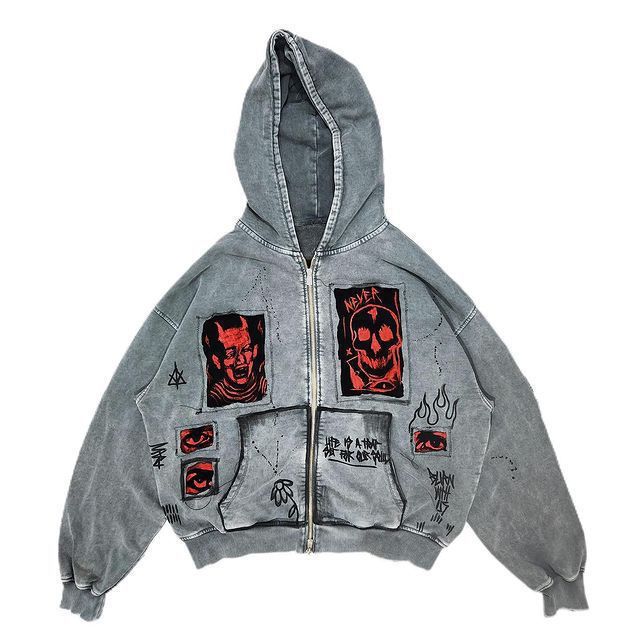 Americká Tištěná Imitace Prací Imitace Denim Zipová Mikina Mikina Bunda Svetr Stejný Styl Volný Velká Velikost
