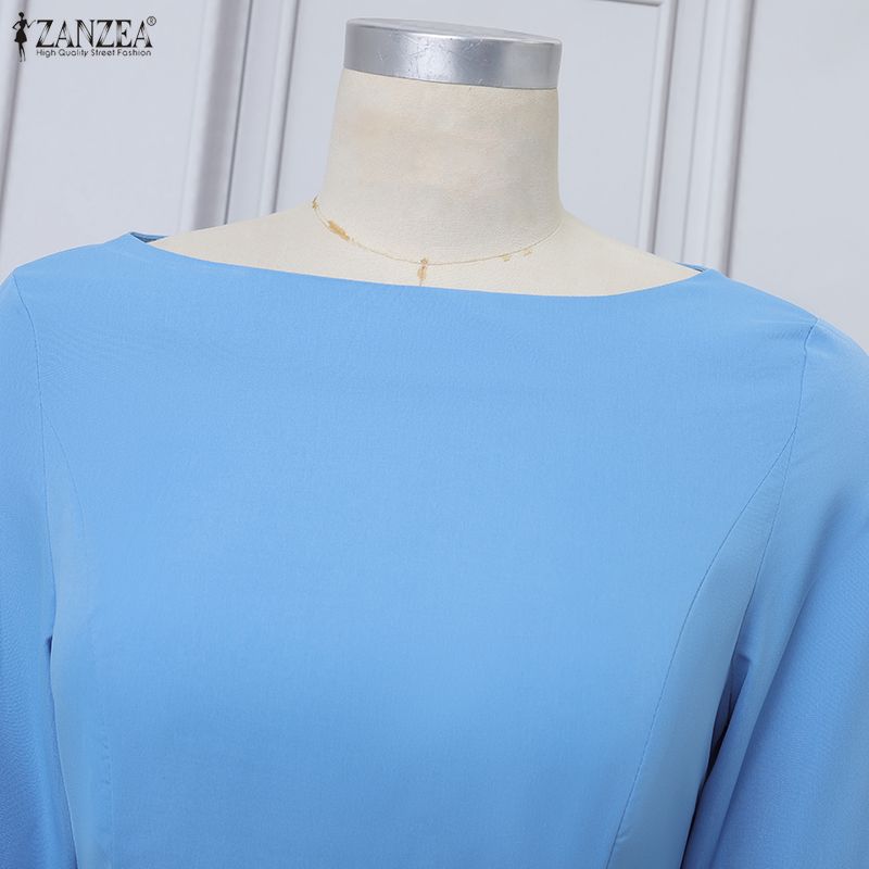 ZANZEA Women Casual Round Neck Solid Color Long Sleeve A-Line Dress