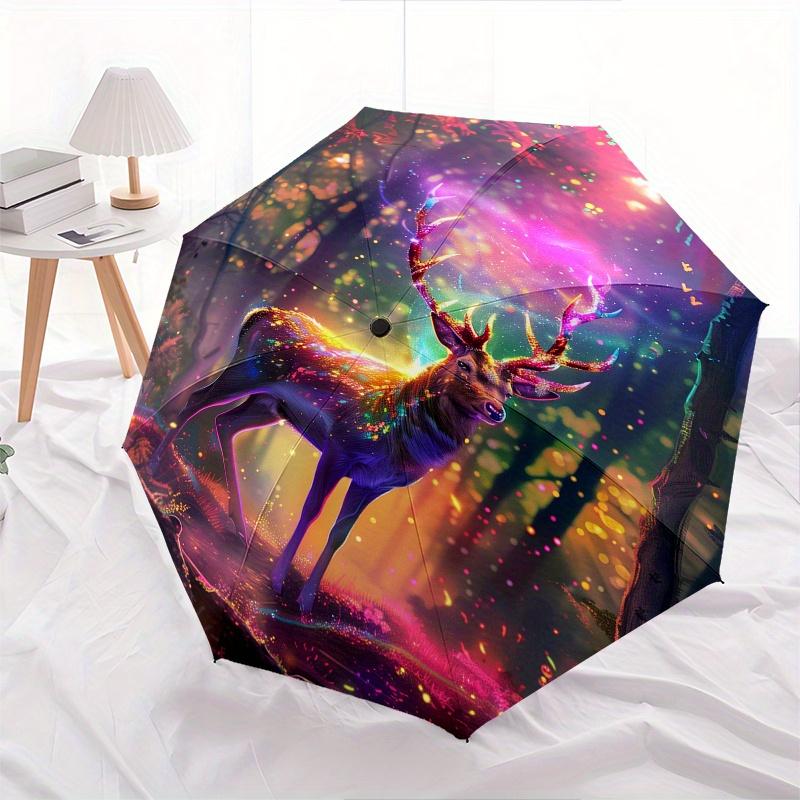 Fantasy Forest Deer Theme 8 Bone Hand Automatic Folding Umbrella, Compact and Portable Design, A Perfect Gift for Birthday, Christmas or Bus